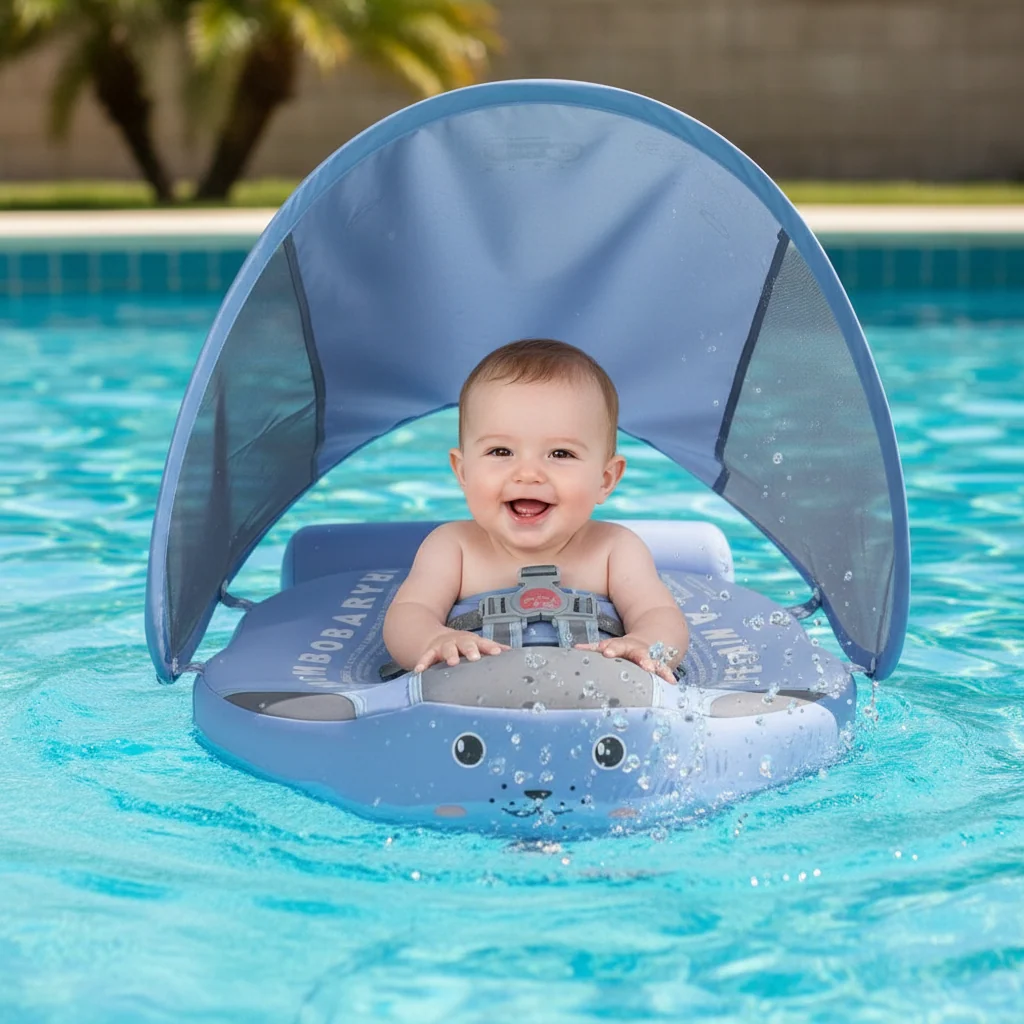 Bouée de bain pour bébé avec pare-soleil réglable, disponible en bleu, vert ou rose