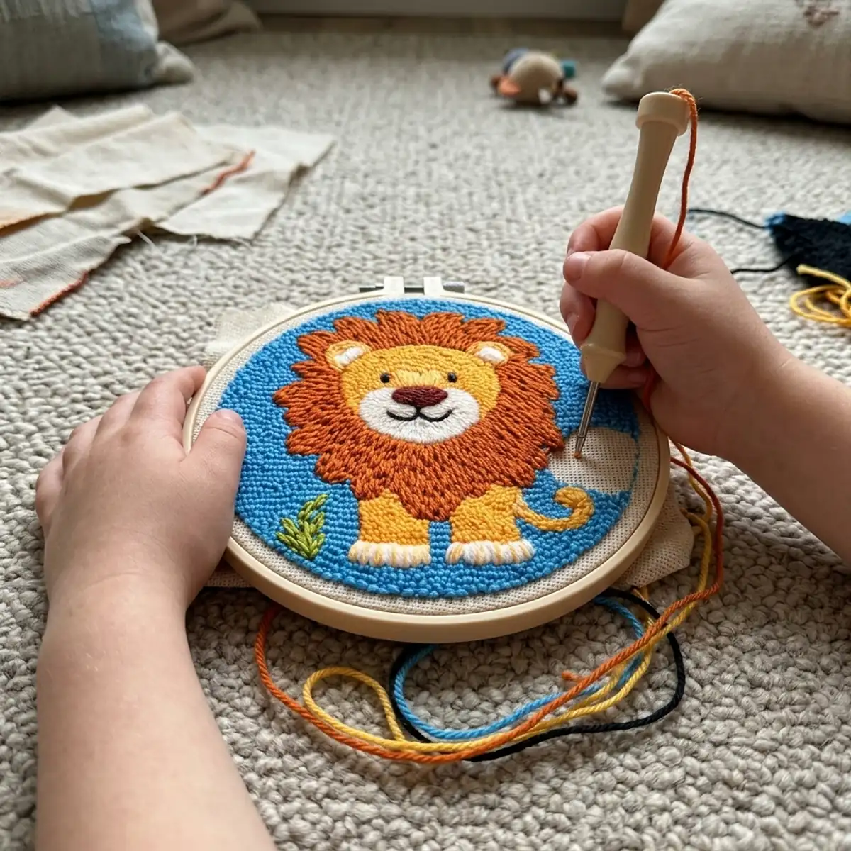 Kit de broderie pour enfant avec motif pré-tracé, aiguille à manche et laine épaisse