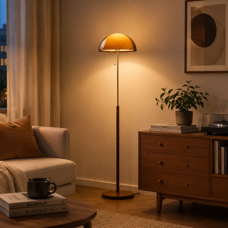 Lampadaire orange style années 70 avec dôme champignon et variateur rotatif
