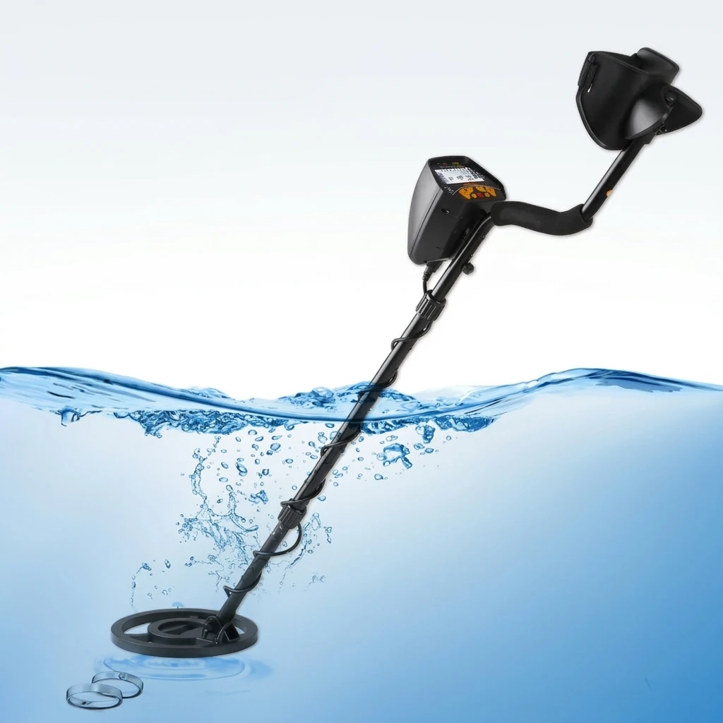 Détecteur de métaux étanche utilisable sous l'eau, manche télescopique jusqu'à 2 m, plateau de 20 cm
