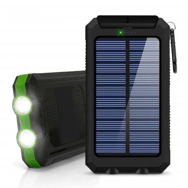 Batterie solaire 20 000 mAh, double USB, étanche, antichoc et lumière LED