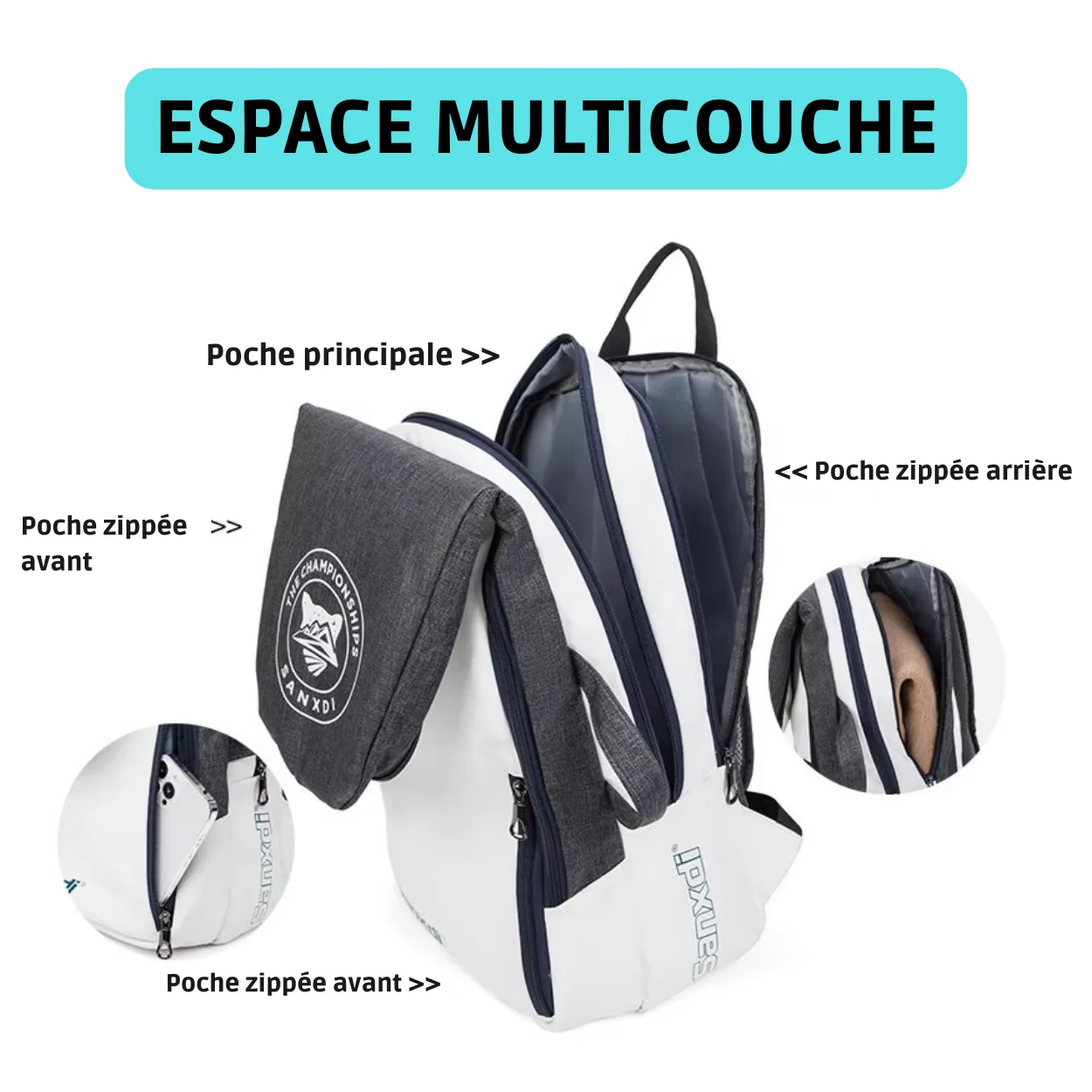 Détail des poches et des fermetures éclair du sac à dos de tennis
