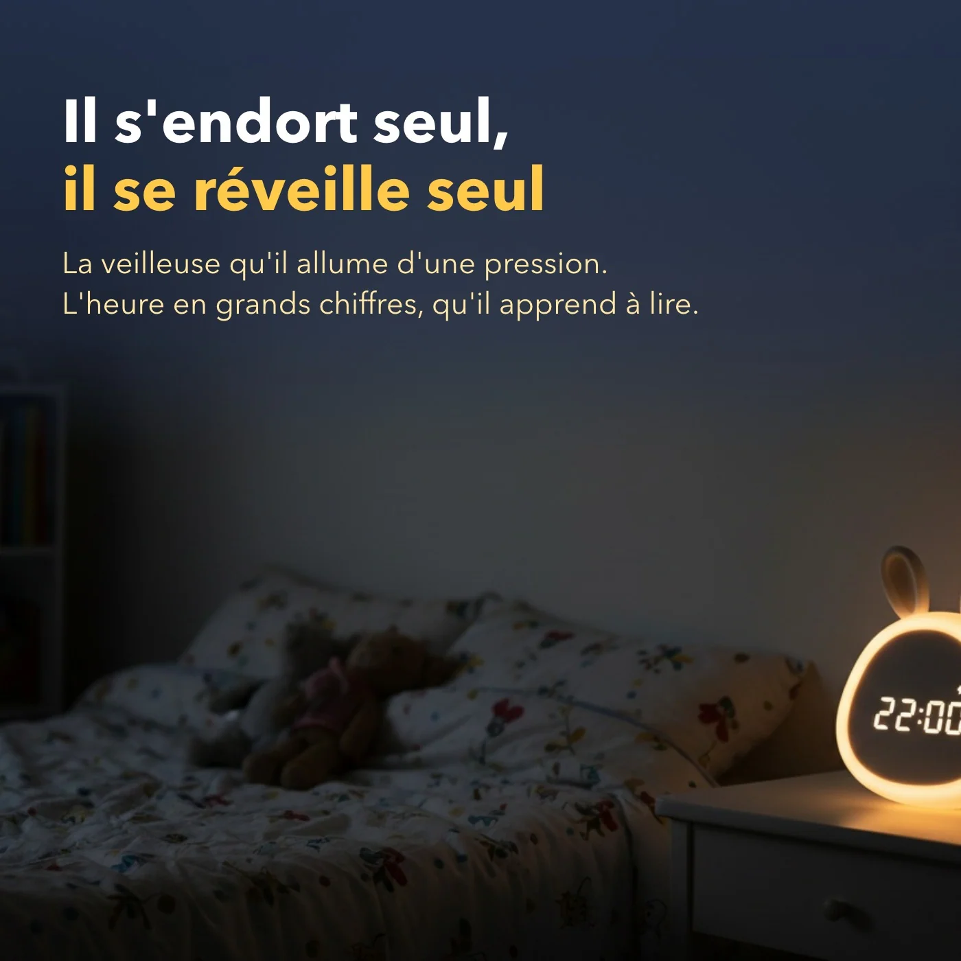 Réveil veilleuse lapin pour enfant, lumière chaude tactile, 5 sonneries et double alarme