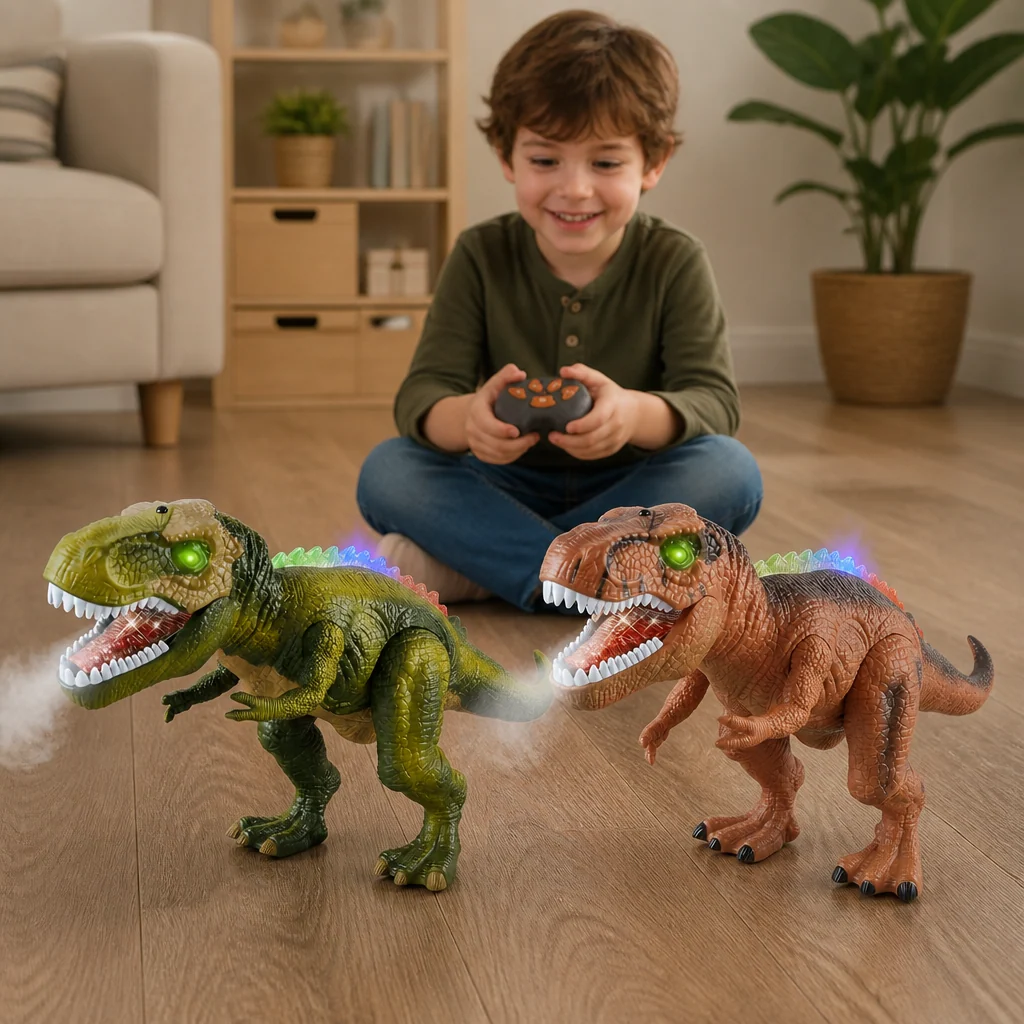 Dinosaure télécommandé T-Rex marcheur avec brume, lumières et sons