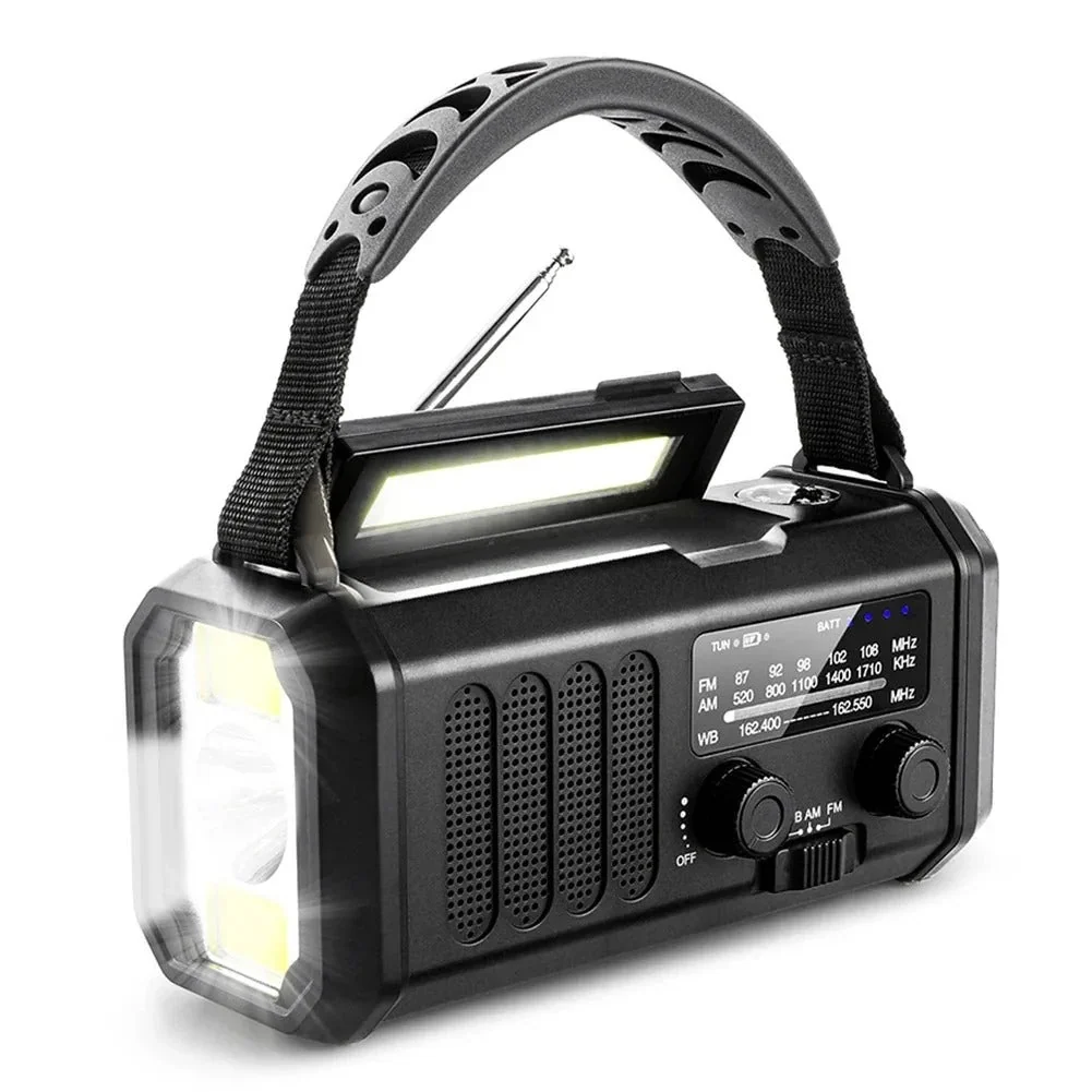Radio d'urgence à manivelle et solaire, rechargeable par USB-C, lampe 3 W, AM/FM/WB