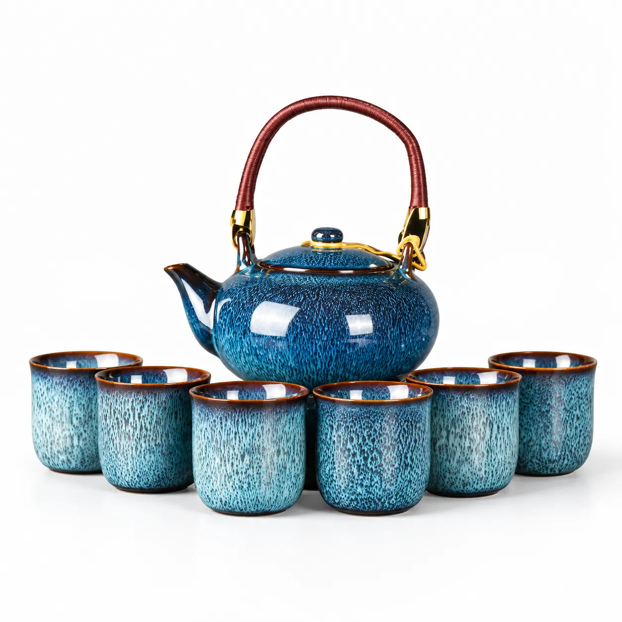 Service à thé en céramique : théière 700 ml et 6 tasses 150 ml, émaillage artisanal