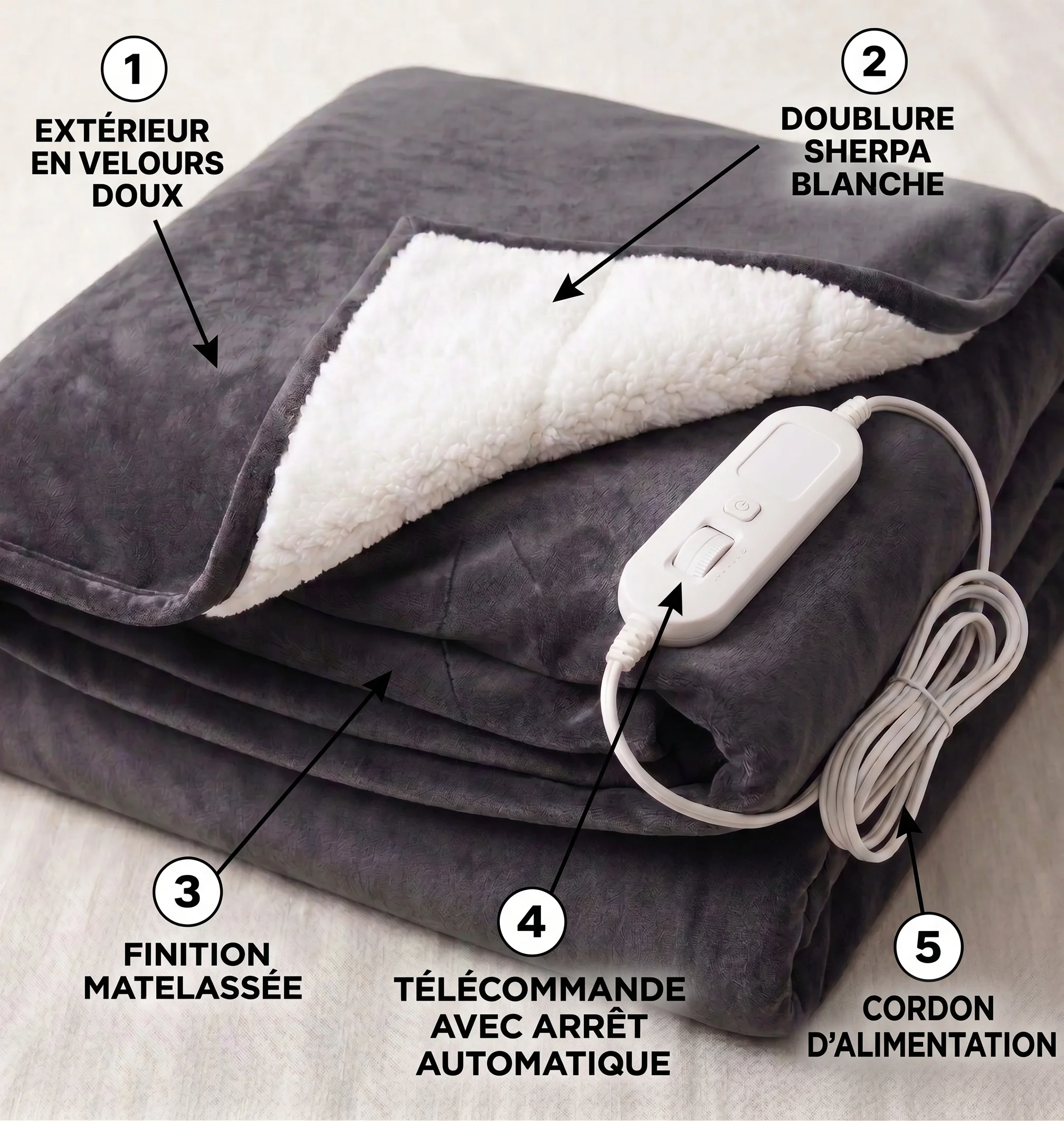 Couverture chauffante en flanelle et sherpa, chauffe PTC réglable avec minuteur